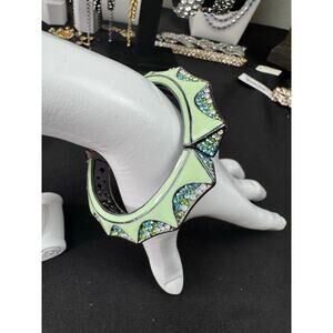 Cara NY Mint Green Enamel Clamper Bracelet with Blue and Green Pave Crystals